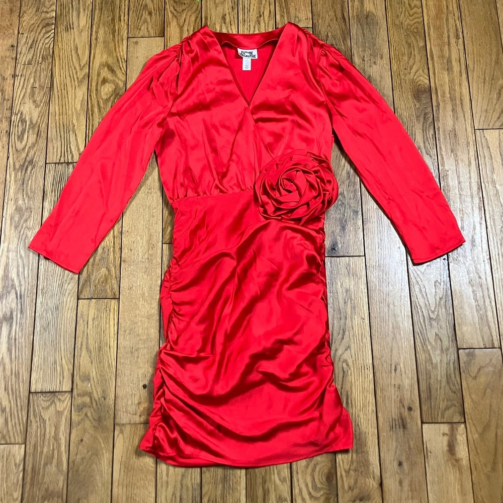NEW Future Collective Red Satin Rosette Ruched Mini Dress 2